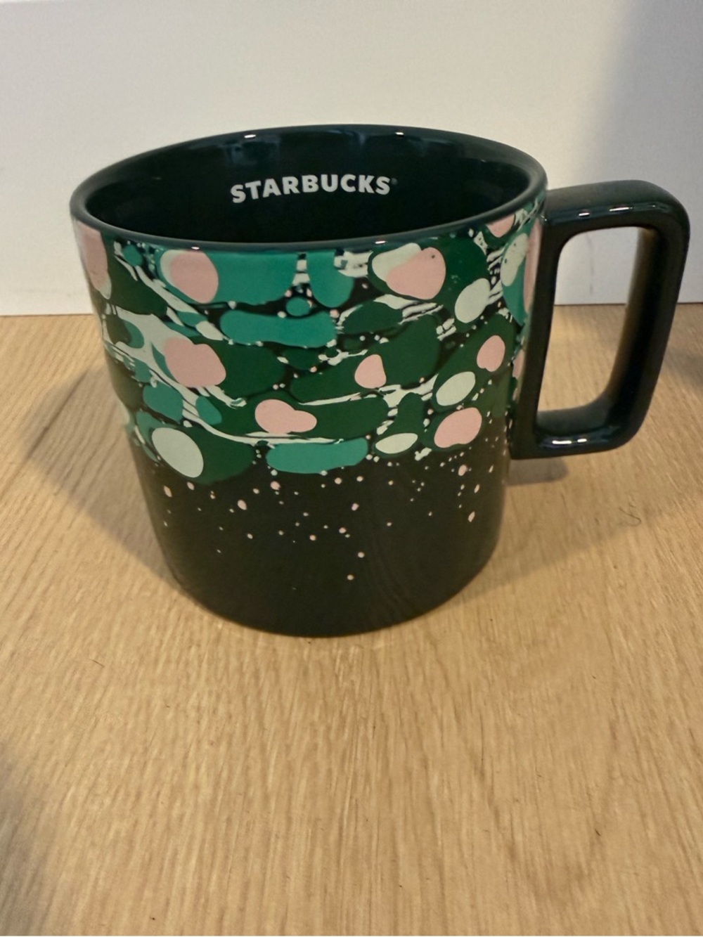 Starbucks Green Pink Abstract Holiday Mug 12 oz Ceramic Coffee Cup 2022